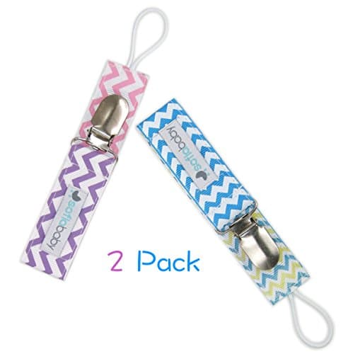 Pacifier Clip with Plastic Teeth - 2 Pack - Trendy 2-Sided Design, Durable Ribbon, Great Teething Ring Soothie Pacifiers Teether Holder for Boys and Girls, Unique Baby Shower Gift