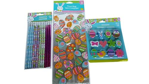 Easter Themed Holiday 3 Item Bundle Pack includes (12) Pencils (12) Erasers and (25) Treat Bags with Twist Ties