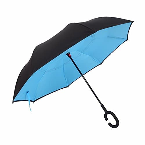 Elelink Windproof Uv Protection Reverse Folding Double Layer Inverted Umbrella and Self Standing Inside Out Rain Protection Travel Umbrella with Comfort C-shaped Hands Free Handle (Black-Blue)