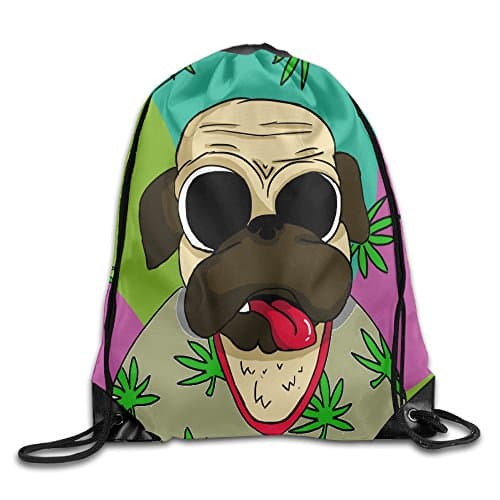 Funny Hot Weed Leaf Pug Print Shoulder Drawstring Backpack String Bags Outdoor Travel Handbag 17"x14"