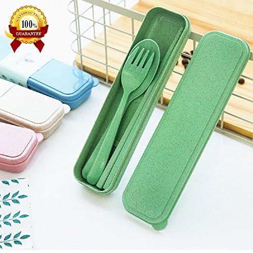 Top Rated QG 2 Sets Creative Tableware - Fork, Spoon and Chopsticks Made by Wheat Straw - Environment Friendly, Safe to Use and Very Suitable for Camping, Picnic and Travel. (2 Set Green)