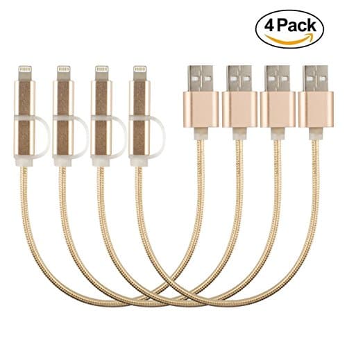 2-in-1 Lightning and Micro USB Cable [4 Pack 10 inches] Yalian Nylon Braided Charging/Sync Data for iPhone 7, iPhone 6, iPad, iPod, Samsung Galaxy and Android Gold