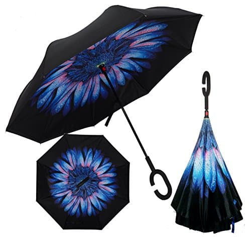 Inverted Umbrellas, Double Layer folding Reverse Umbrella C-Shape Handle Windproof UV Protection Umbrella (Blue Drops)