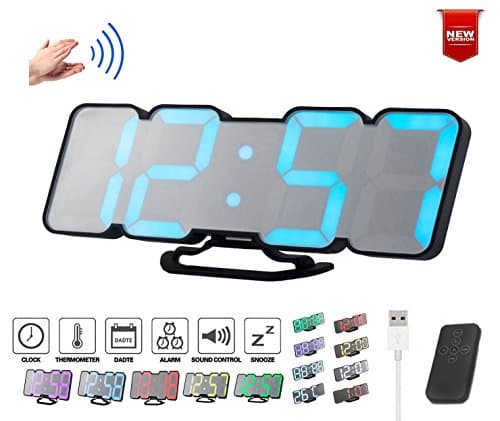 Digital LED Alarm Clock Desktop/Wall Clock w/ 3-Level Brightness &amp; 115 Color Changing LED Display. 2-Display Modes, 12/24 Hour Display, Date &amp; Temperature °C/°F, Voice Control &amp; Remote Control (Black)