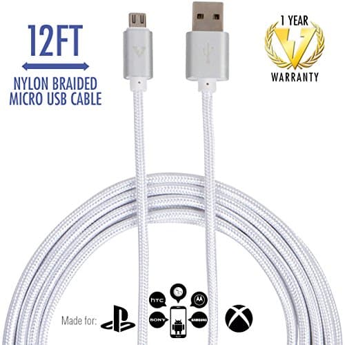 vCharged Micro USB Cable,12Ft Extra Long PS4 Controller Charger, Durable Android Charging Cord for Samsung Galaxy S7 Edge S6, Android Phone, LG G4, HTC, Nokia, Motorola & More