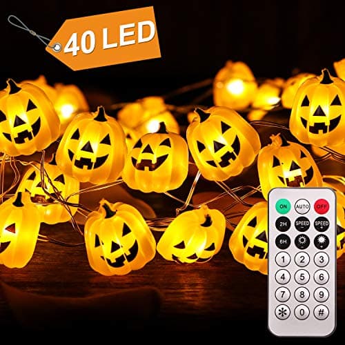 CPPSLEE Halloween Pumpkin String Lights - 40 LED 13.12ft Battery Box Operated with Remote Timer Halloween Decorations Jack-O-Lantern Lights (Melon)