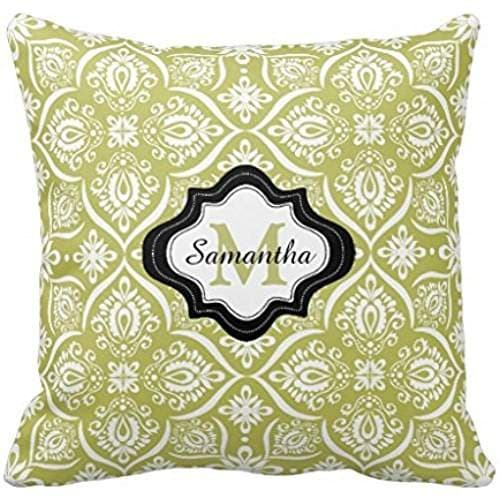 Custom Monogram Pillow Case Damask Pattern Lime Green Throw Pillow Case
