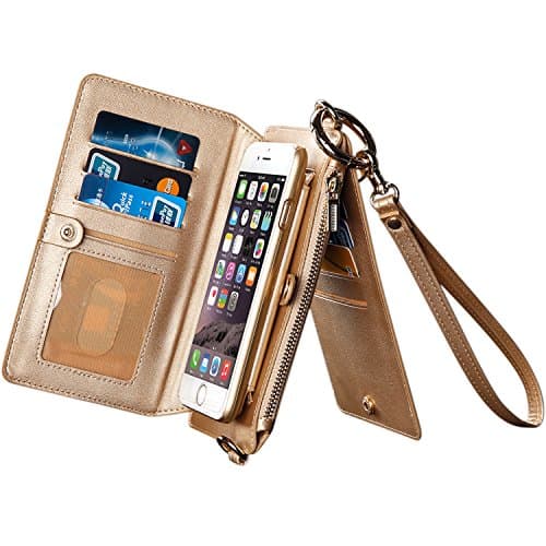 iPhone 8 Plus Case Wallet iPhone 7 Plus Case Wallet with Strap + Card Slots Detachable Phone Case for 5.5 inch iPhone 7 Plus / iPhone 8 Plus in Party Home Travel (Gold)
