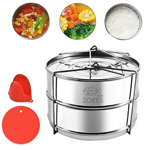 ZOEES Stackable Steamer Insert Pans 5/6/8 Quart Instant Pot Accessories - 18/8 Grade 304 Stainless Steel - Silicone trivet Mat & Mini Mitt Included