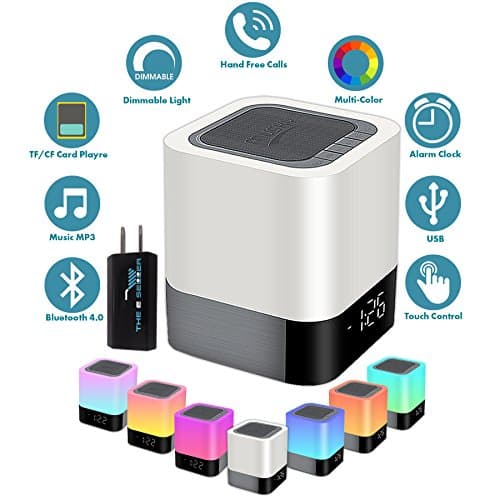 Portable Wireless Bluetooth Speaker, Touch Sensor Bedside Night Light 48 Color LED Lamp, Digital Alarm Clock, MP3 Music Player with USB Power Supply for Kitchen, Bedroom, Office, Dorm or Outdoors
