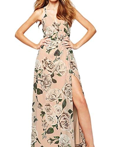 Gressa Womens Deep V Neck Backless Rose Printed Split Side Holiday Maxi Dress US/10