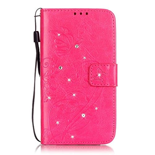 Galaxy Note 4 Case,Note 4 Wallet Case,Phezen Luxury Bling Crystal Rhinestone Diamond Embossed Flower Butterfly PU Leather Flip Stand Wallet Case Card/Cash Slots for Samsung Galaxy Note 4,Hot Pink
