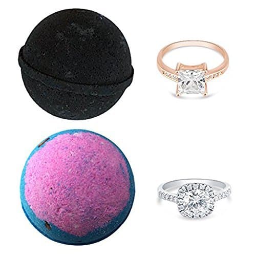 Bath Bombs with a Surprise Ring Inside - Gift Set of 2 Lush Fizzies - Galaxy Midnight Rose Pink Black Activated Charcoal Fragrant Jewels Toy Natural Organic Essential Oil Shea Butter Handmade in USA