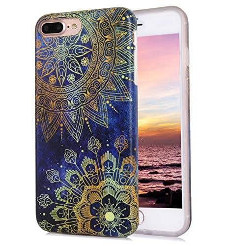 iPhone 8 Plus iPhone 7 Plus Case Cute Gold Flowers Floral Blue Starry Sky Pattern IMD Hybrid Hard TPU Shockproof Phone Cases for Women Girls[5.5"]