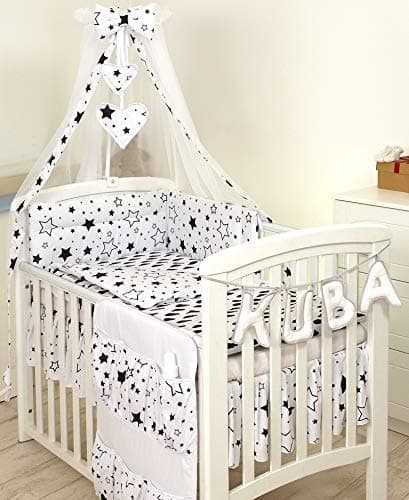 11 PCS PRO COSMO Bedding Set for COT, OR COT Bed with Organiser (140x70cm, Black Stars/Clouds)