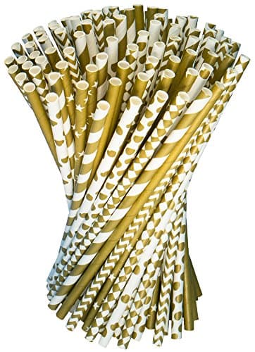 Gold Paper Straws Drinking Straw Individually Wrapped 7 Fun Patterns Baby Shower Weddings Parties; 100 Long Lasting Gold and White Paper Straws 100% Biodegradable