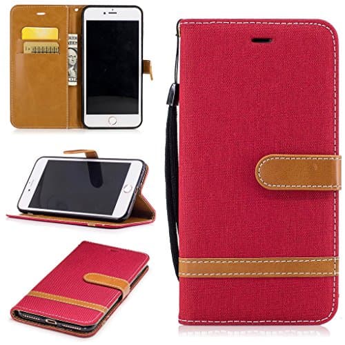 For iPhone 7 Plus Case [with Free Screen Protector], Metatze Premium Soft PU Leather Cowboy Cloth Wallet Cover Case For iPhone 7 Plus(Red)