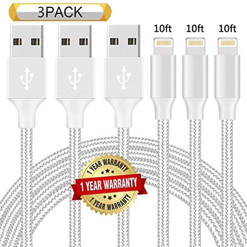 Ulimag Lightning Cable 3Pack 10FT Nylon Braided Certified iPhone Cable USB Cord Charging Charger for iPhone X, 8, 8 Plus, 7, 7 Plus, 6s, 6s Plus, 6, 6 Plus, SE, iPad (Silver)