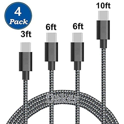 USB Type C Cable, Daker 4Pack 3FT 6FT 6FT 10FT Premium Nylon Braided USB A to USB C Charger Cable Fast Charging Cord for Samsung Galaxy S8 Plus, LG G5 G6 V30, HTC 10, Google Pixel XL (Black White)