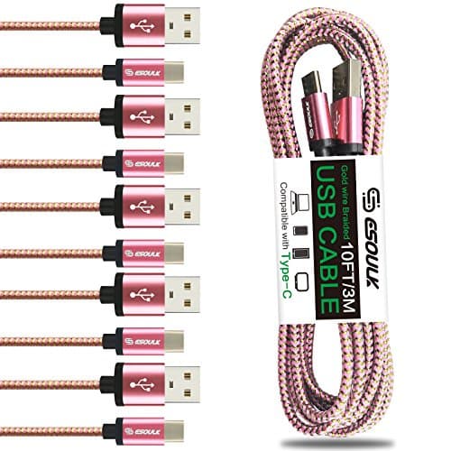USB 2.0 Type C Cable [10ft 5-Pack] USB C to USB Hi-speed Nylon Braided Cord for Samsung Galaxy S8 Fast charger Hi-speed Pixel XL Nexus 5X 6P LG G5 G6 V20 Nintendo Switch and More (Pink-Gold 5-Pack)
