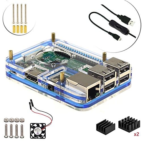 For Raspberry Pi 3 Model B Pi 2 Case Kit (5 layers Acrylic Case, Cooling fan, 3Pcs heatsink, ON/OFF Switch USB Cable) (Blue)