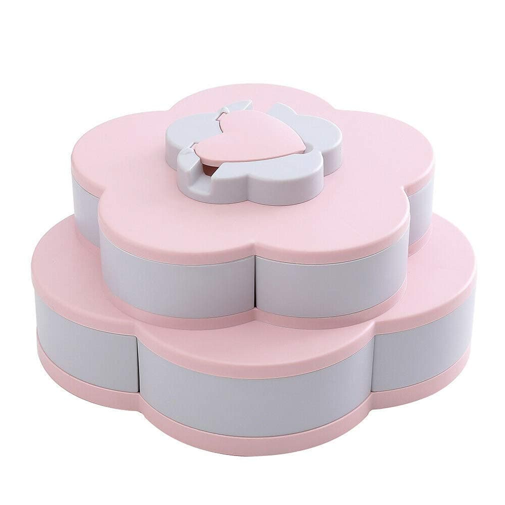Double-Layer Rotating Fruit Plate Creative Flower Candy Box 10 Grid Dried Fruit Snack Box with Mobile Phone Holder (Pink)