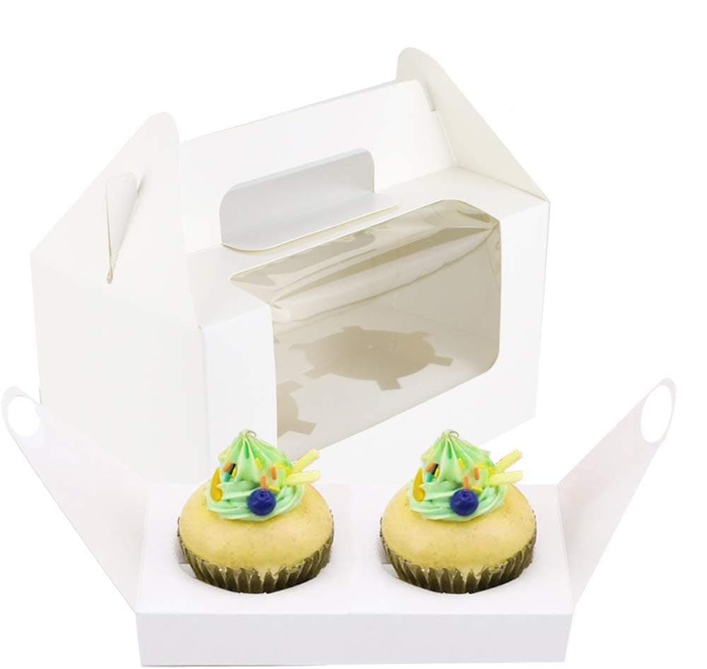 UPlama 40PCS White 2 Holders Cupcake Boxes, Clear Window Inserts Handle Cupcake Muffins Cupcake Carriers Pastry Containers Bakery Wrapping Party Favor Packing For Wedding Cupcake Favor Boxes
