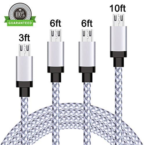 Micro USB Cable,Amoner 4Pack 3FT/6FT/6FT/10FT Micro USB to USB Cable Nylon Braided, Fast Micro USB Charger Cable for Windows Phones/MP3 and More (White)