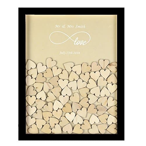 Personalized Custom Wedding Even Engraved Infinity Love Rustic Drop Top Wooden Frame Wedding Guest Book With 120 Small Wood Hearts (Black &amp; Pearl Ivory).