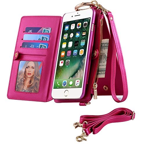 iPhone 7 Plus Case,Multi-function Leather Wallet Case With Hand Strap and Long Shoulder Strap,Detachable Card Holder and Kickstand Hard PC Back Cover For iPhone 7 5.5 inch (Hot pink)