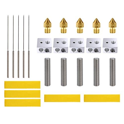 3D Printer Accessories Kit - 3D Printer Parts Include 5pcs Brass Extruder Nozzle, 5PCS Drill Bits, 5pcs 30mm Extruder M6 Tube, 5pcs Aluminum Heater Block, 5pcs Heating Block Cotton
