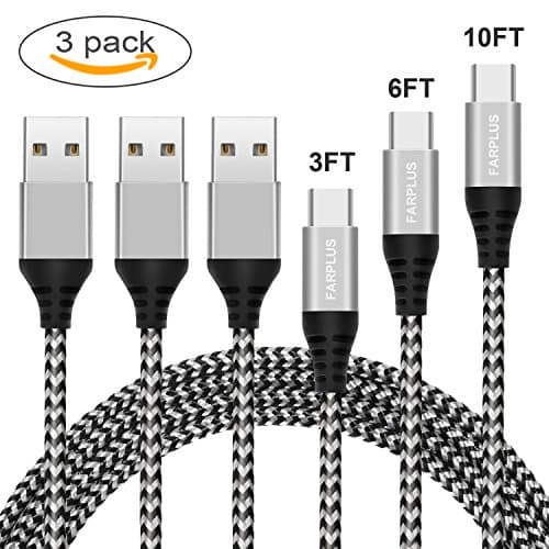 USB Type C Cable,3 Pack (3 6 10FT) Farplus USB C Cable Fast Charger Nylon Braided Cord for Samsung Galaxy S8 S8 Plus,LG G6 G5 V20,Google Nexus 5X/6P,Nintendo Switch,MacBook and More