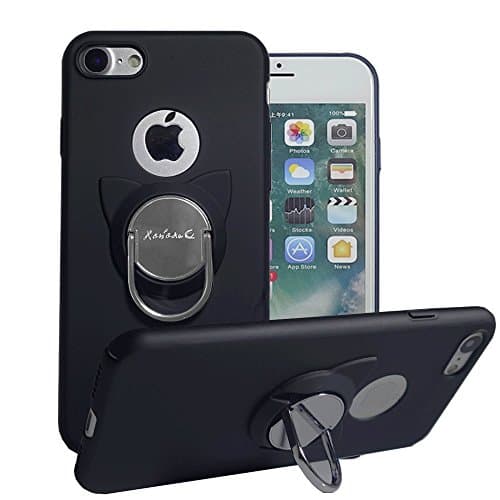 iPhone 7 Case,iPhone 8 Case with Ring Holder Kickstand,Cute Cat Rotating Ring Stand and Slim Thin Anti-Fingerprint Hard Case for iPhone 7/8 4.7inch-Black