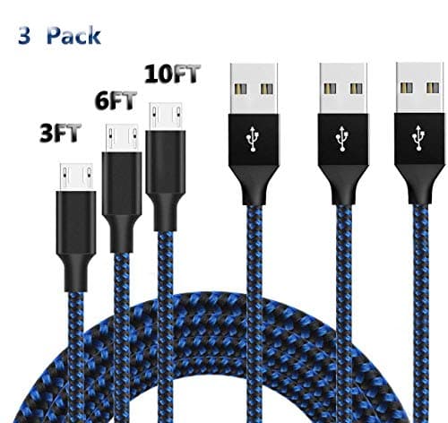 Micro USB Sync Cable, 3 pack (3ft 6ft 10ft/1m 2m 3m) High Speed Charger Cable Nylon Braided Fast Charging Data Cords with Metal Connectors Compatible with Smartphone&Tablets and More Android Devices