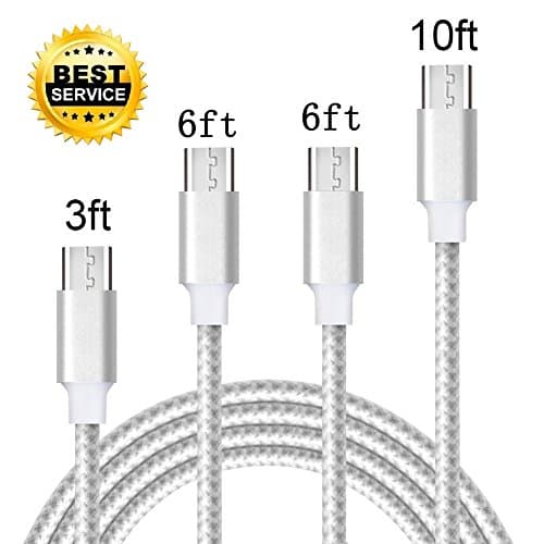 LEMONLU Android Charger Cable,4 Pack 3FT 6FT 6FT 10FT Extra Long Nylon Braided High Speed 2.0 USB to Micro USB Fast Charger Cable for Samsung Galaxy S7/S6 Edge,Note 5/4,HTC,LG,Nexus ( Silver White）