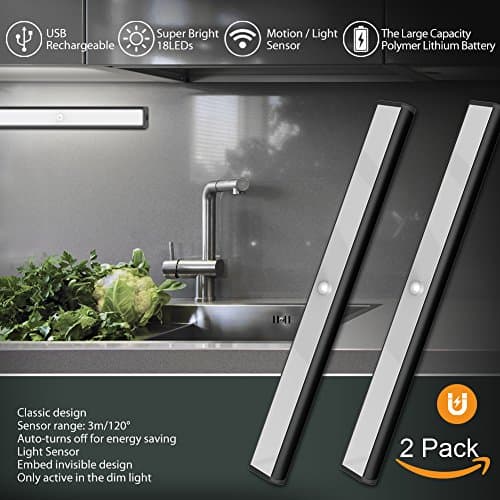 Motion Sensor Cabinet Led Light, USB Rechargeable 3 Modes Switch(G, ON and OFF) Magnetic Stick On Anywhere Outdoor Portable Night Light Lamp Bulb Lighting Bar for Closet Wardrobe (2 Pack 18LED, Black)