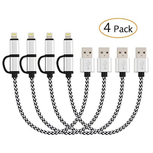 NEXCABLE 2-in-1 Lightning and Micro USB Cable [4pack 8inch] Nylon Braided High Speed Sync and Charging Charger Cable Cord Compatible with iPhone, iPad /iPod, Samsung, HTC, and More