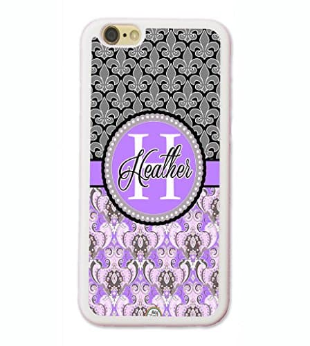 iPhone 8 Plus Case, iPhone 7 Plus Case, ArtsyCase Purple Grey Damask Fleur De Lis Monogram Personalized Name Phone Case - iPhone 7 Plus and iPhone 8 Plus (White)