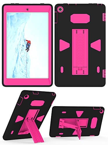 Fire HD 8 2017 Case with Rugged Protective Hard Shell and Kick Stand (Black+Rose Red)