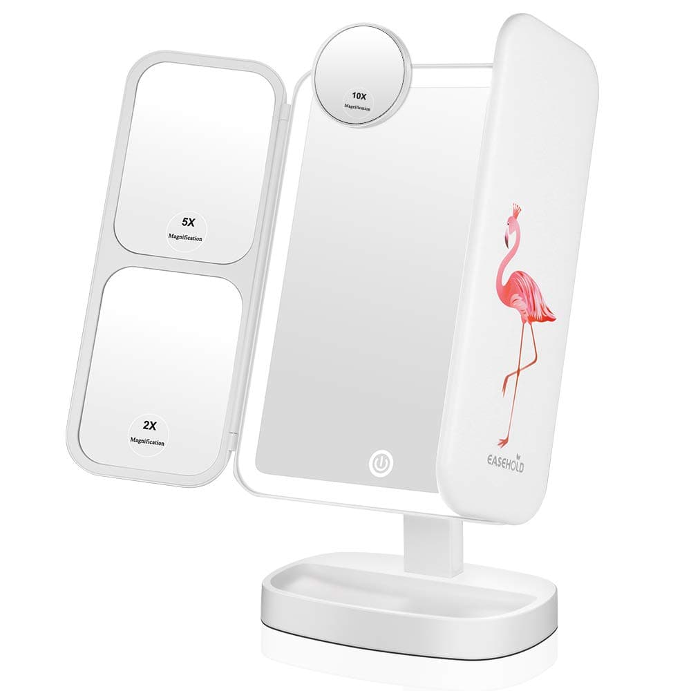 easehold Three Surface Mirror Vanity Mirror Desktop Mirror Brightness Adjustable Banded Folding LED Light USB or Battery Operated Power 180 Degree Angle Adjustable Stand, Mirror, Makeup Mirror