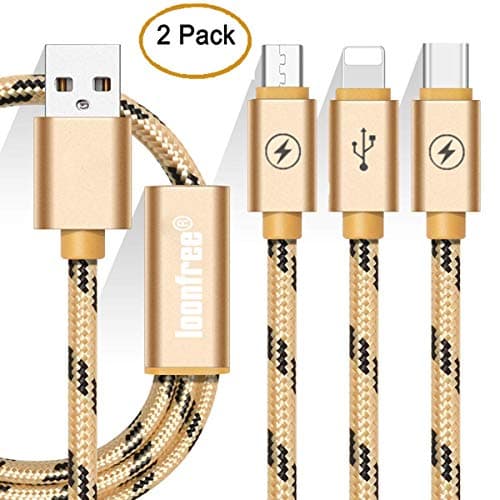 Multi USB Cable, Multi Charger Cable, Multi Charging Cable, 3 in 1 3A 1.2m Micro USB/USB Type C Nylon Braided USB Charger Data Cable Compatible with 7 7 Plus 6s 6s Plus 6 6 Plus-Gold (2 Packs)