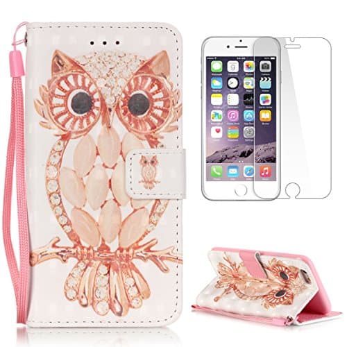 Apple iPhone 6 Plus Wallet Case [with Free Screen Protector],CasesHome Stylish 3D Pattern Magnetic Wrist Strap Built-in Soft Rubber Bumper Flip Leather Holster - Owl and Diamond