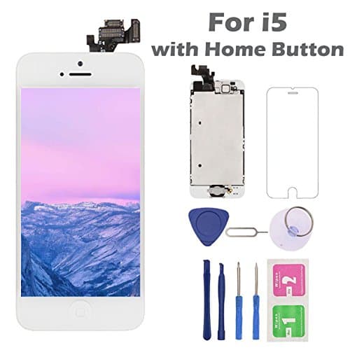 For iPhone 5 Screen Replacement with Home Button, Arotech 4.0 Inch Full Assembly LCD Display Digitizer Touch Screen with Repair Tool Kit and Tempered Glass (iPhone 5 White)