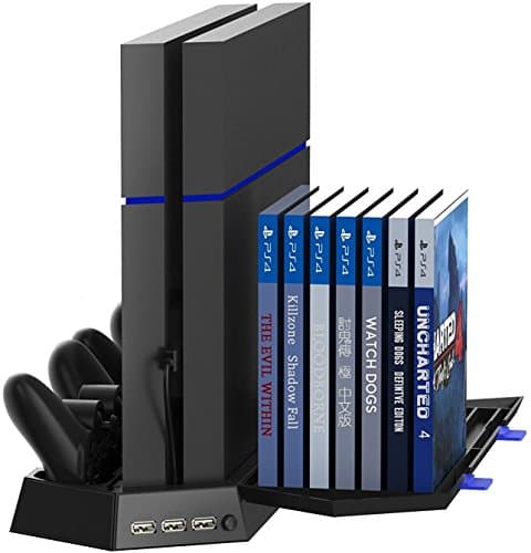 Vertical Stand for PS4 Regular PlayStation 4 Cooling Fan Controller Charging Station with Game Storage and Dualshock Charger with 2 Controller Charging Port + 14 Game Disc Storage + 3 HUB Ports
