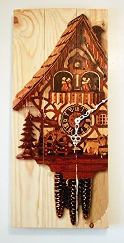 Large Wall Clock with Cuckoo Clock Art on Solid Wood Tall 24" x 11"