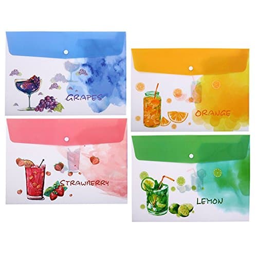 Waterproof Poly File Envelopes, Document Folder, Organizer Bag with Snap Button Closure, Letter/A4 Size, Fruit Printed, Premium Poly, Acid-free (4 Pack（Fruit Design）)