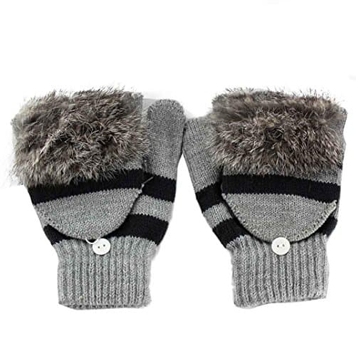 EKIMI Women Multi-function Knitted Touch Screen Winter Gloves Soft Warm Rabbit Fur Clamshell Mitten (Gray)
