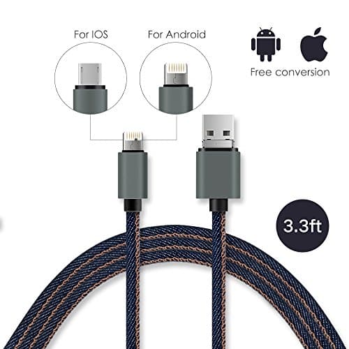 Reversible OTG Micro USB Cable and Apple Lightning Cable 2 in 1 Joined Cord Both for IOS and Android System iPhone/ iPad Air/Samsung with Free Storage Bag(3.3feet 1meter)- Denim