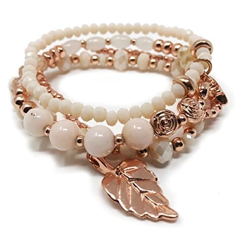 JADE POP - Women's Multicolored Beaded Stretch Stackable Chain Bracelet Set with Charm - Rose Gold