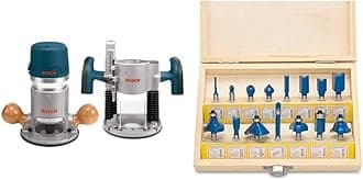 Bosch 1617EVSPK Wood Router Tool Combo Kit - 2.25 Horsepower Plunge Router & Fixed Base Router Kit with a Variable Speed 12 Amp Motor & Hiltex® 10100 Tungsten Carbide Router Bits | 15-Piece Set